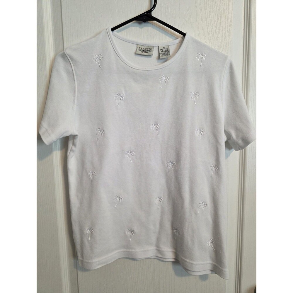 Classic Elements White Embroidered Palm Tree Knit Short Sleeve Top Size S  099
